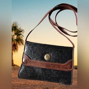 Bag Bazaar Vintage Black Leather (Ostrich embossed) w/ Brown Trim Crossbody Bag